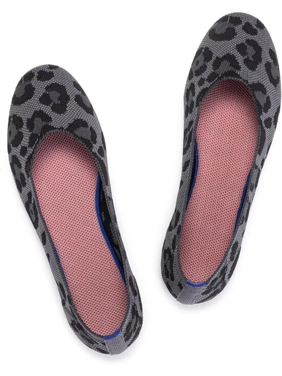 Shoes - Women's Leopard Grey Ballet Flat Low Wedge Comfort Soft Round Toe Slip Shoes